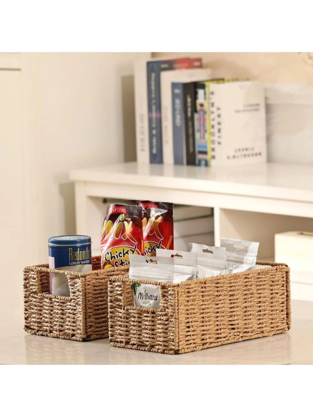 Hand-Woven Wicker Storage Baskets Set of 2 | Small Organizing Bins for Home